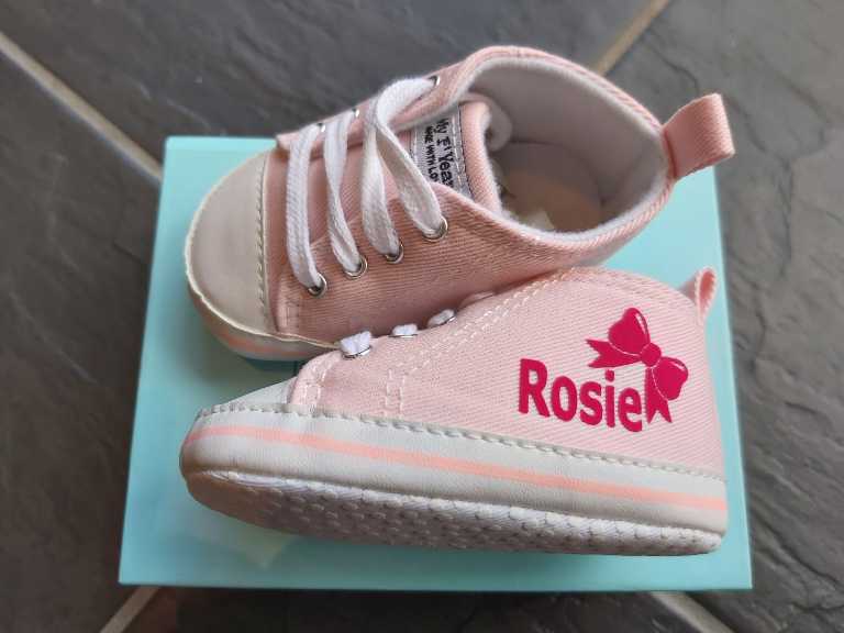 Pink Hightop Baby Shoes with the name Rosie 0-6 months